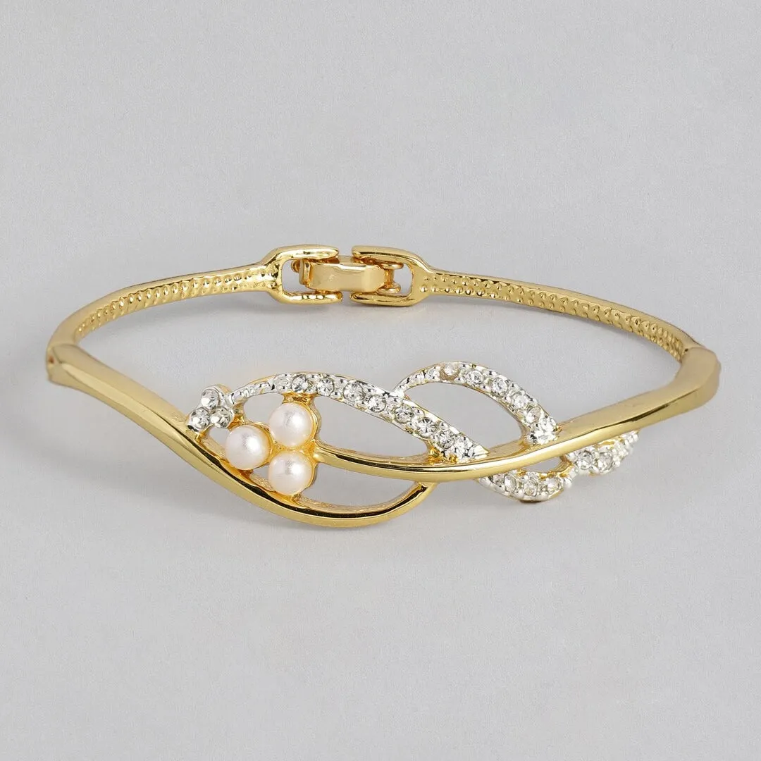 Estele Gold and Silver Plated Pearl 3 Petal Crystal Wave Cuff Bracelet for women