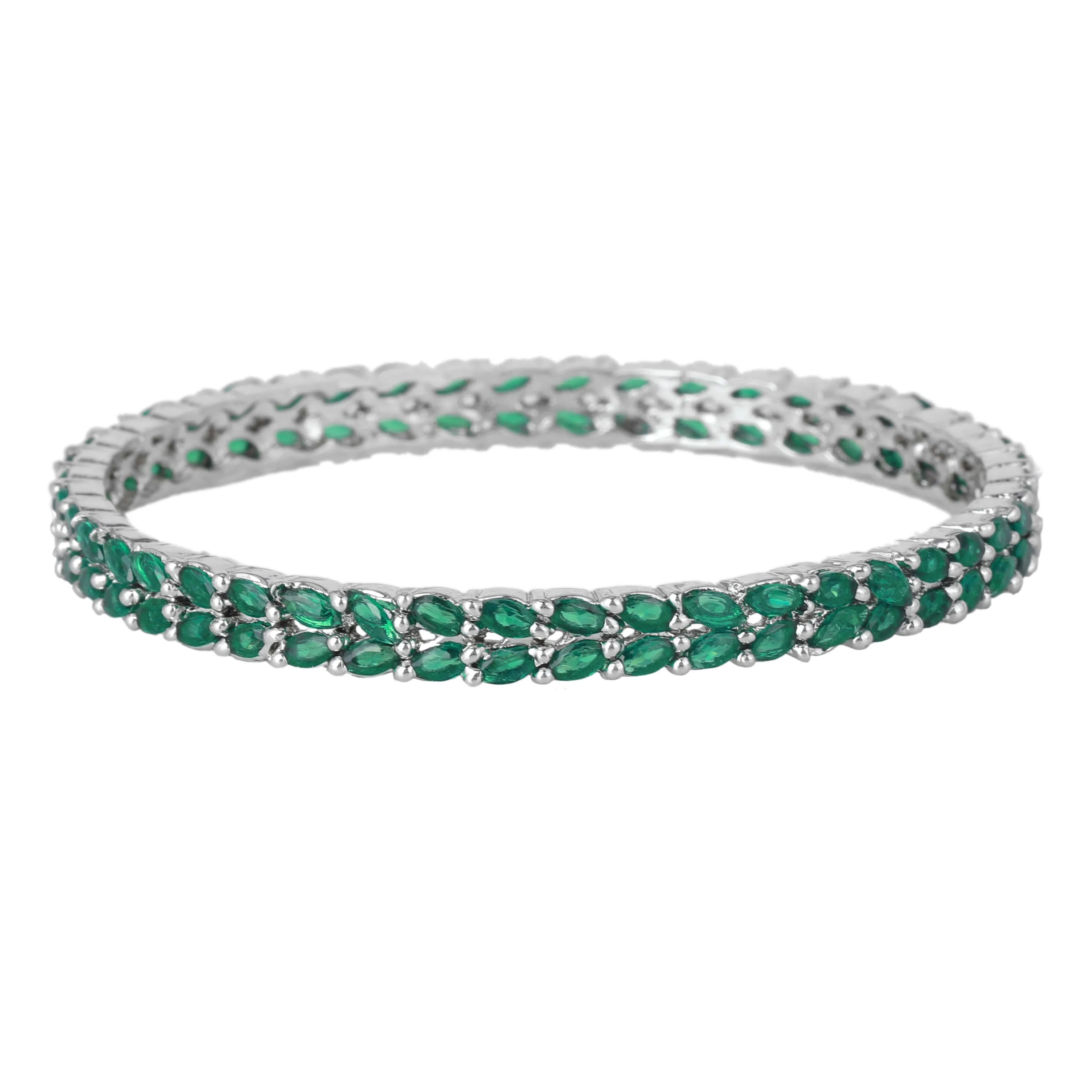 Estele Rhodium Plated Artistic Leafy Designer 2:6 Size Bangles with Green American Diamonds| Graceful Designer Jewelry for Women