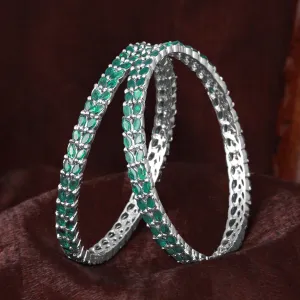 Estele Rhodium Plated Artistic Leafy Designer 2:6 Size Bangles with Green American Diamonds| Graceful Designer Jewelry for Women