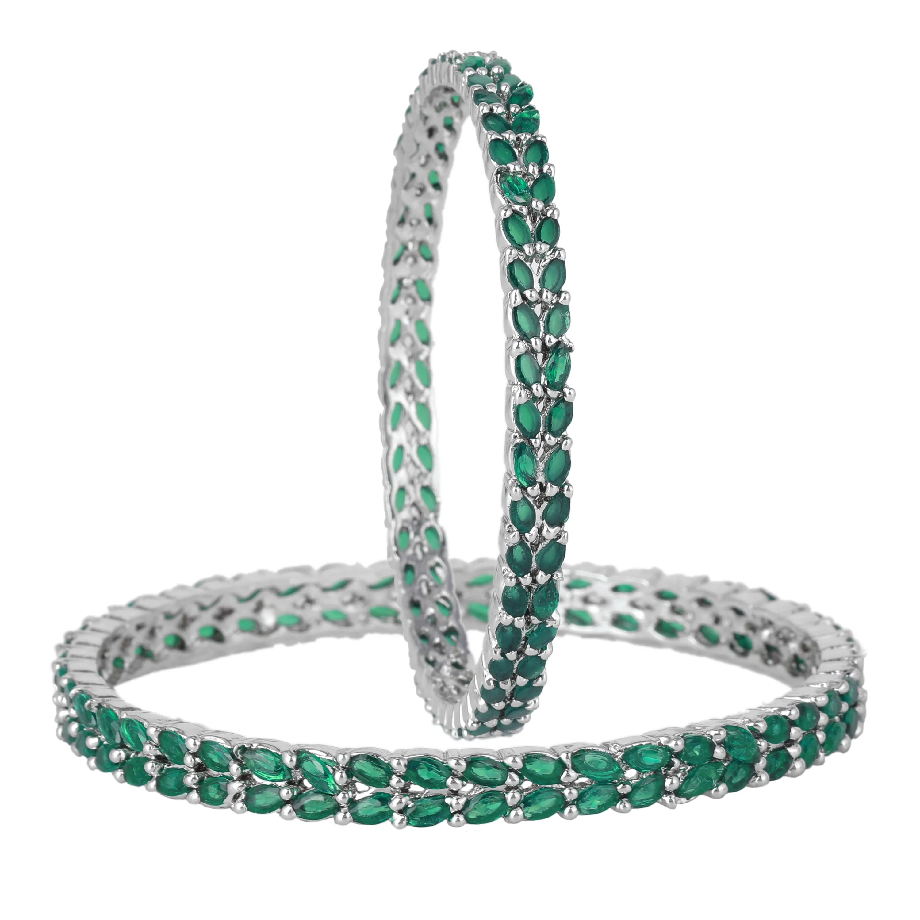 Estele Rhodium Plated Artistic Leafy Designer 2:6 Size Bangles with Green American Diamonds| Graceful Designer Jewelry for Women