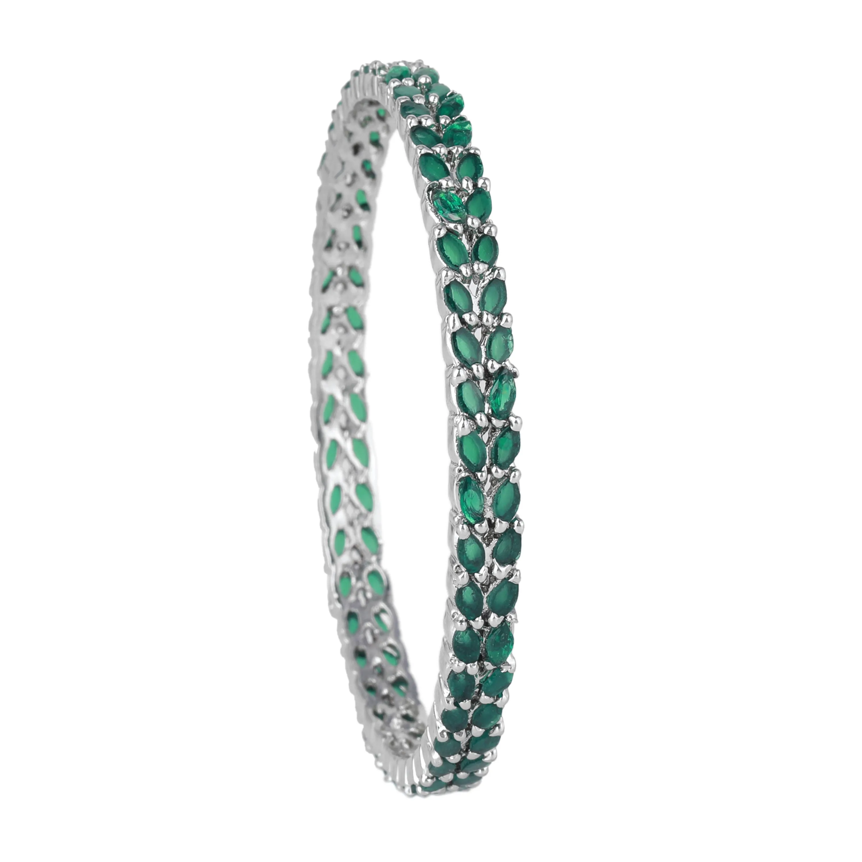 Estele Rhodium Plated Artistic Leafy Designer 2:6 Size Bangles with Green American Diamonds| Graceful Designer Jewelry for Women