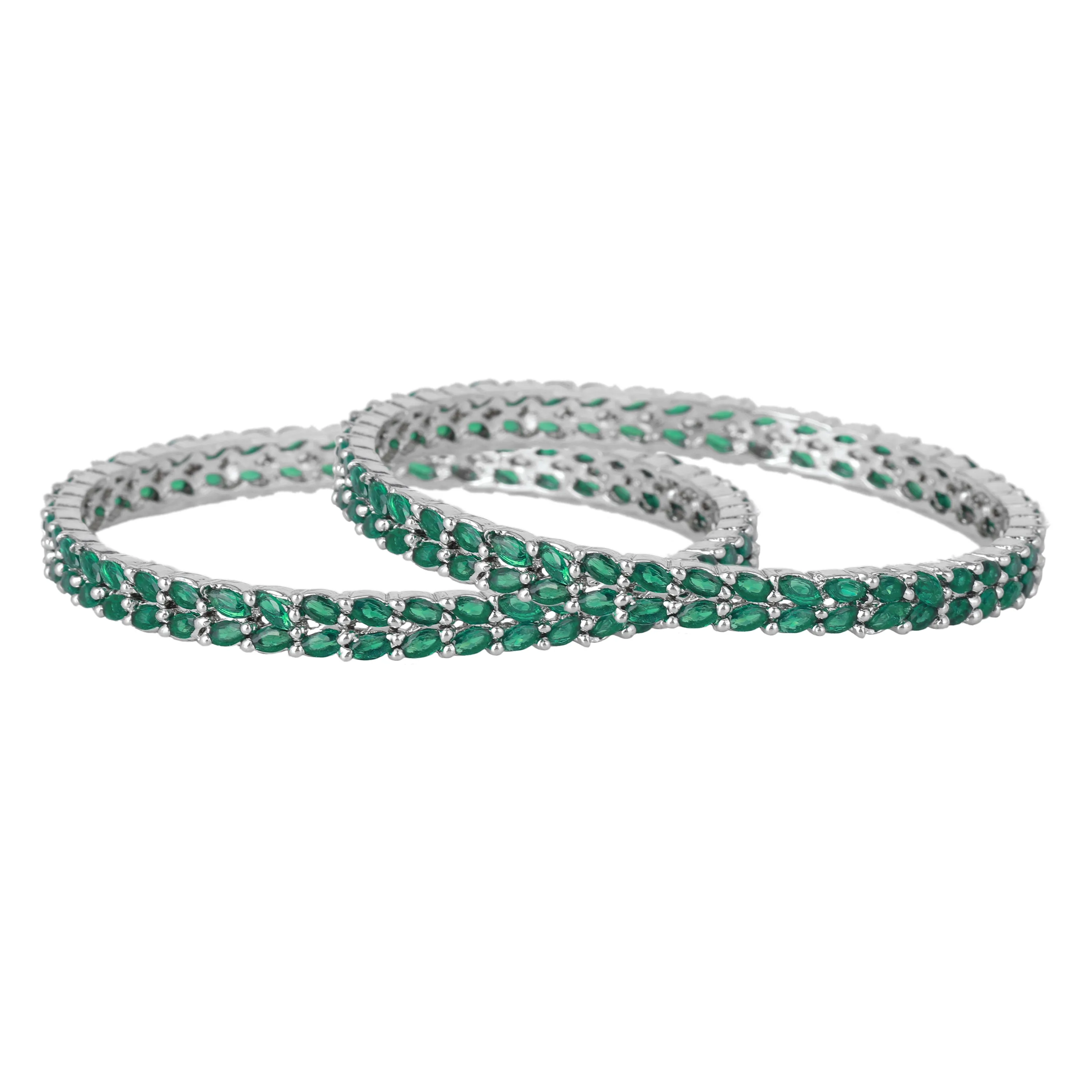 Estele Rhodium Plated Artistic Leafy Designer 2:6 Size Bangles with Green American Diamonds| Graceful Designer Jewelry for Women