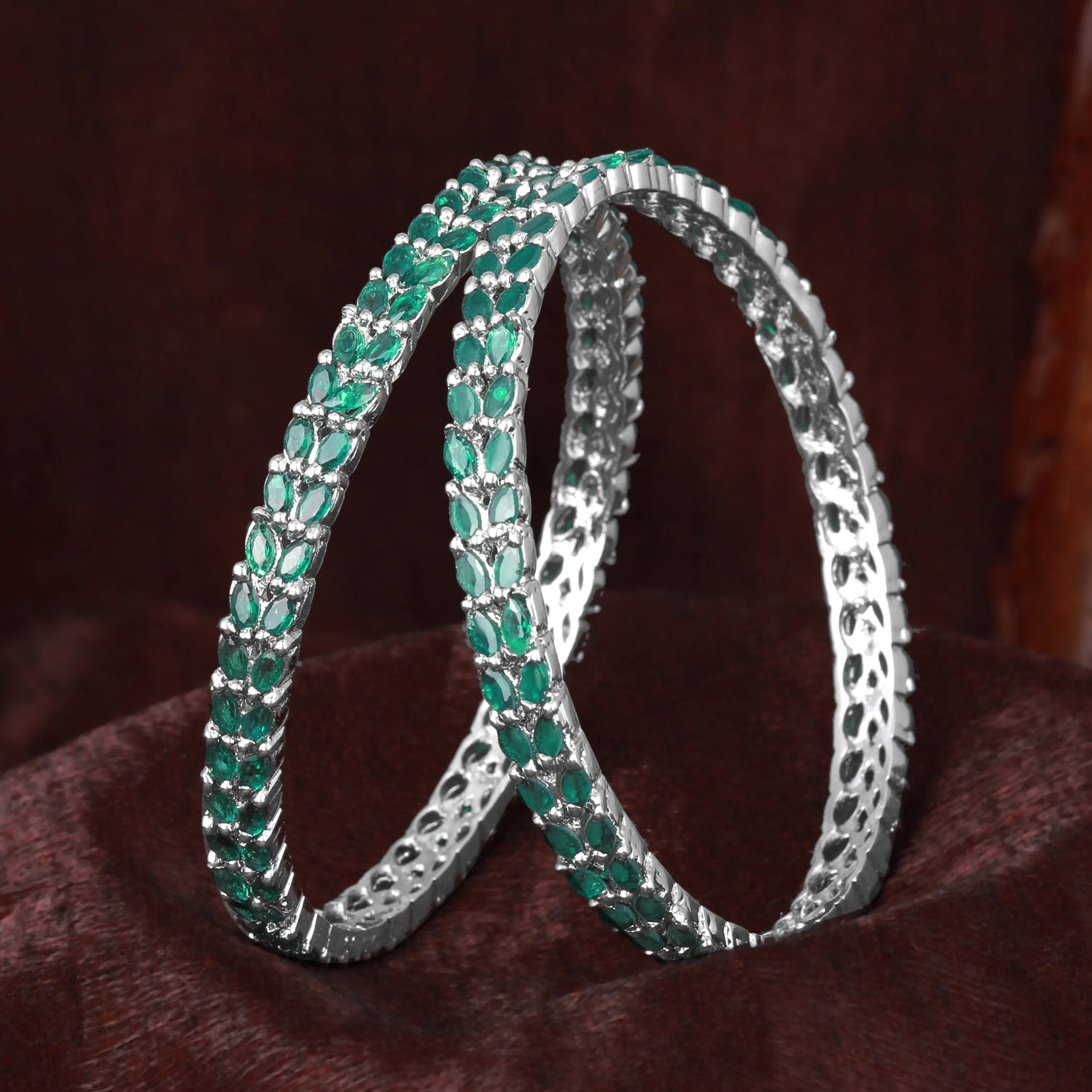 Estele Rhodium Plated Artistic Leafy Designer 2:6 Size Bangles with Green American Diamonds| Graceful Designer Jewelry for Women