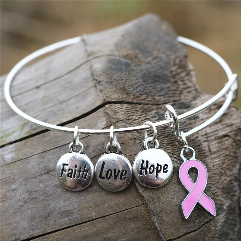 Fashionable Breast Cancer Awareness Bangle Faith Hope Love Charm Bracelet Wish Jewelry