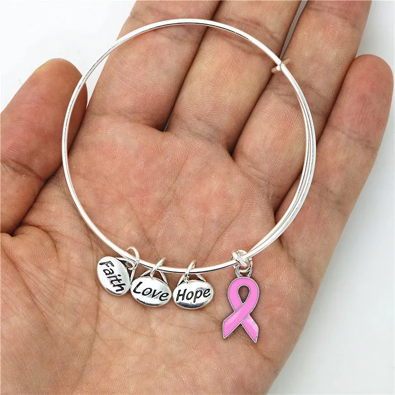 Fashionable Breast Cancer Awareness Bangle Faith Hope Love Charm Bracelet Wish Jewelry