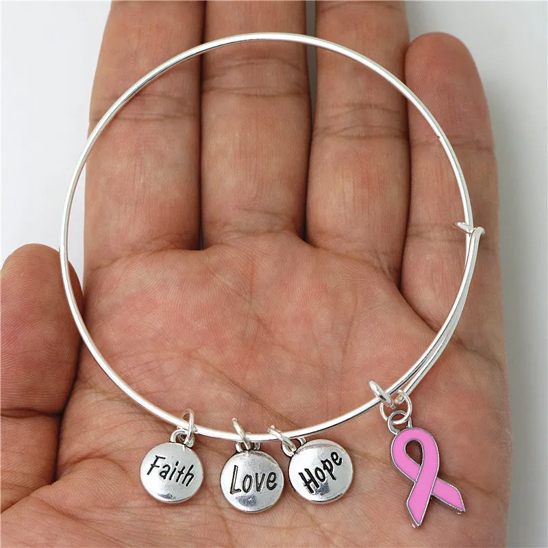 Fashionable Breast Cancer Awareness Bangle Faith Hope Love Charm Bracelet Wish Jewelry