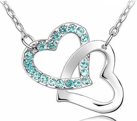 Free Shipping Gift Wholesale fashion jewelry top quality Czech drilling AAAA  rhinestone 8 colors Necklace Double Heart pendant