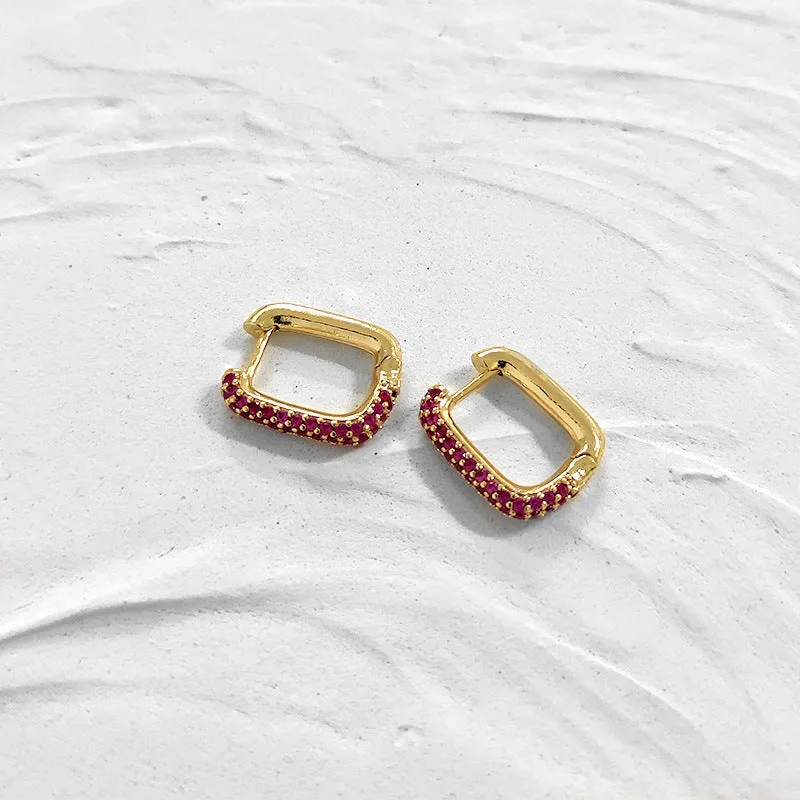 Geometric Gold Square Hoop Earrings with Pink Crystal Detailing-jlt11553