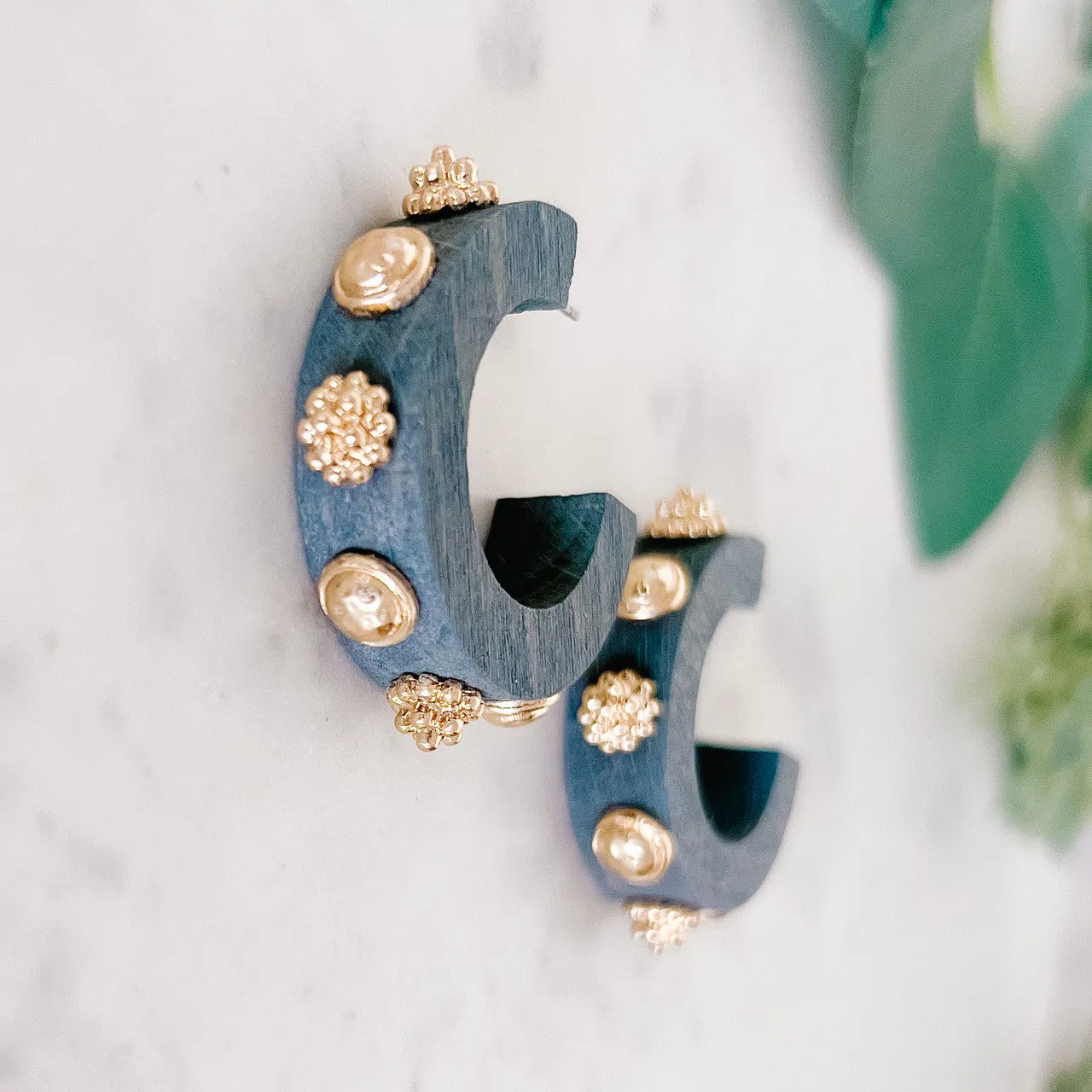 Gold Accented Wooden Hoop Earrings