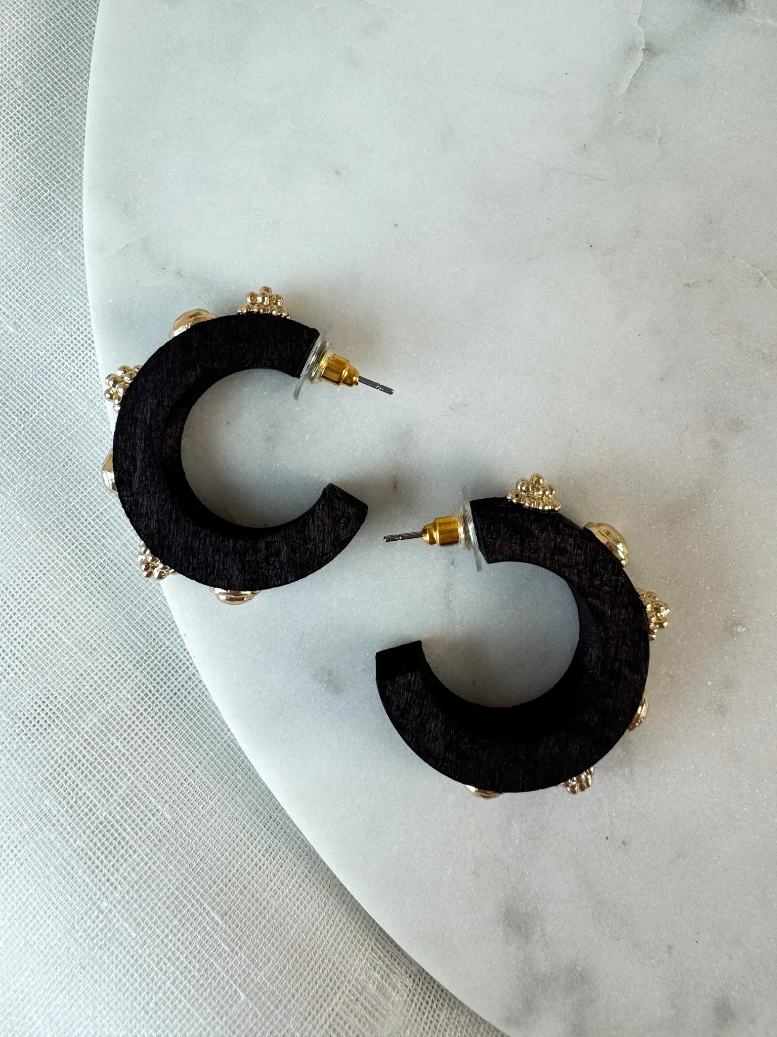 Gold Accented Wooden Hoop Earrings