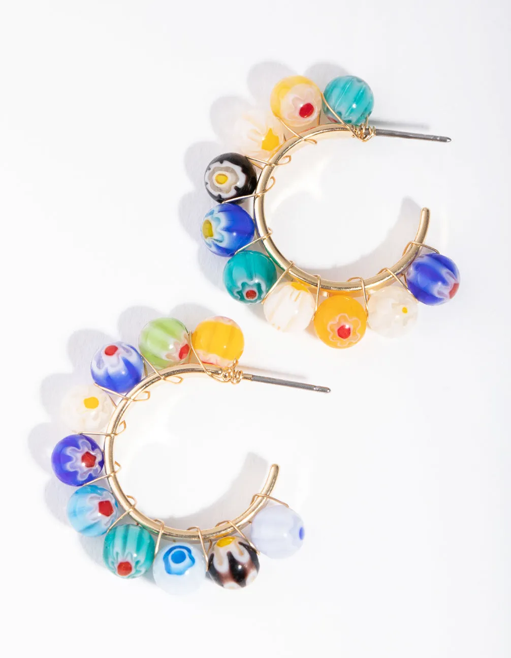 Gold Floral Glass Bead Hoop Earrings