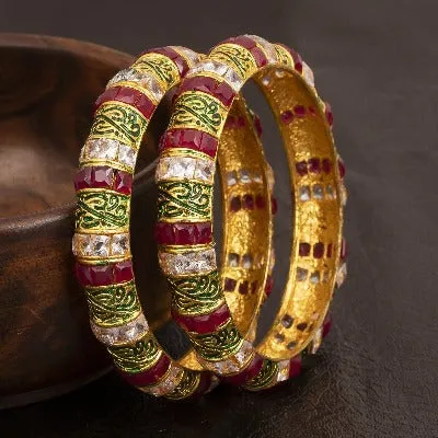 Gold Green Red Jadau Bangle Kada  ( Set of 2 )