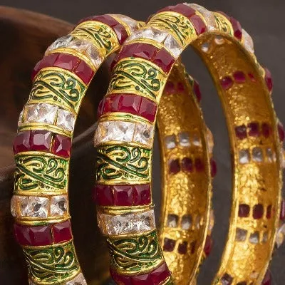 Gold Green Red Jadau Bangle Kada  ( Set of 2 )