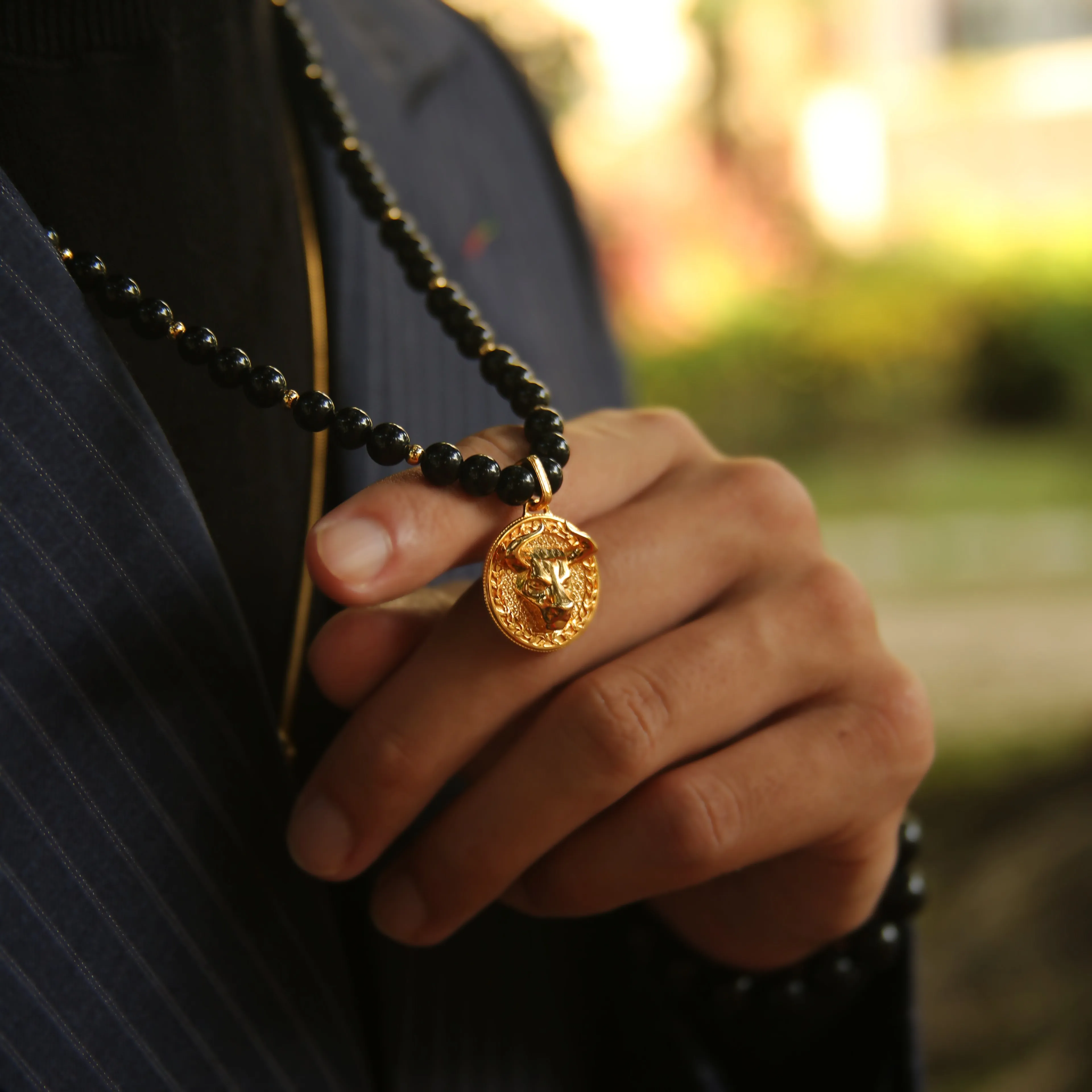 Gold Obsidian Beaded Necklace with Pendant