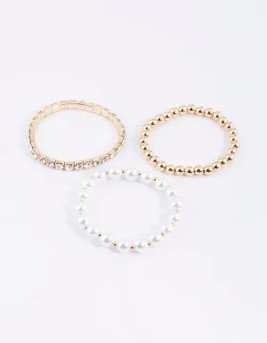 Gold Pearl & Diamante Stretch Bacelet Pack