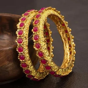 Gold Red Floral Jadau Royal Bangle ( Set of 2 )