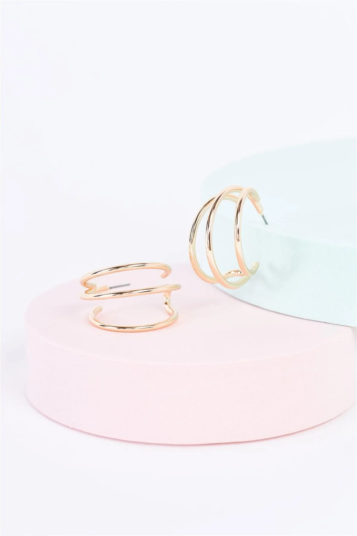 Gold Triple Thin Multi Circle Open Hoops Earrings