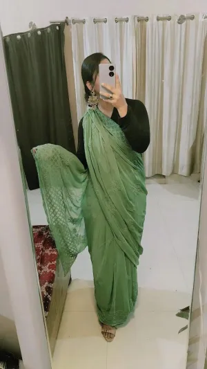 Green Elegant Chikankari Georgette Saree with Black Blouse