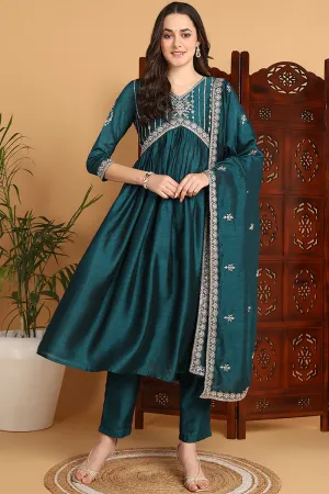 Green Silk Blend Solid Embroidered Flared Suit Set