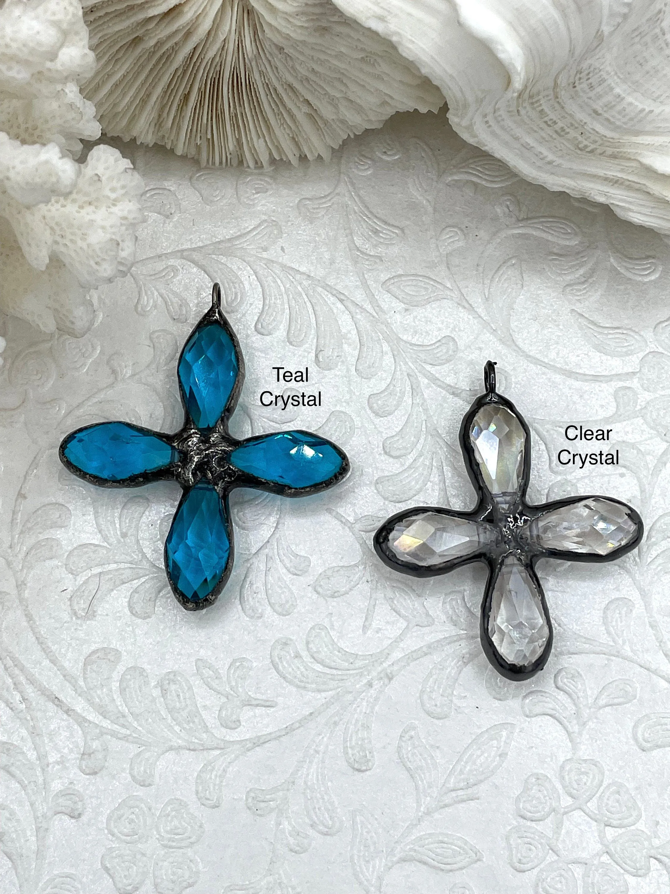 Gunmetal Soldered Cross Shaped Crystal Pendants and charms. 2 Styles, Teal Crystal or Clear Crystal, 45mm x 45mm, 4mm Bale ID, Fast Shipping