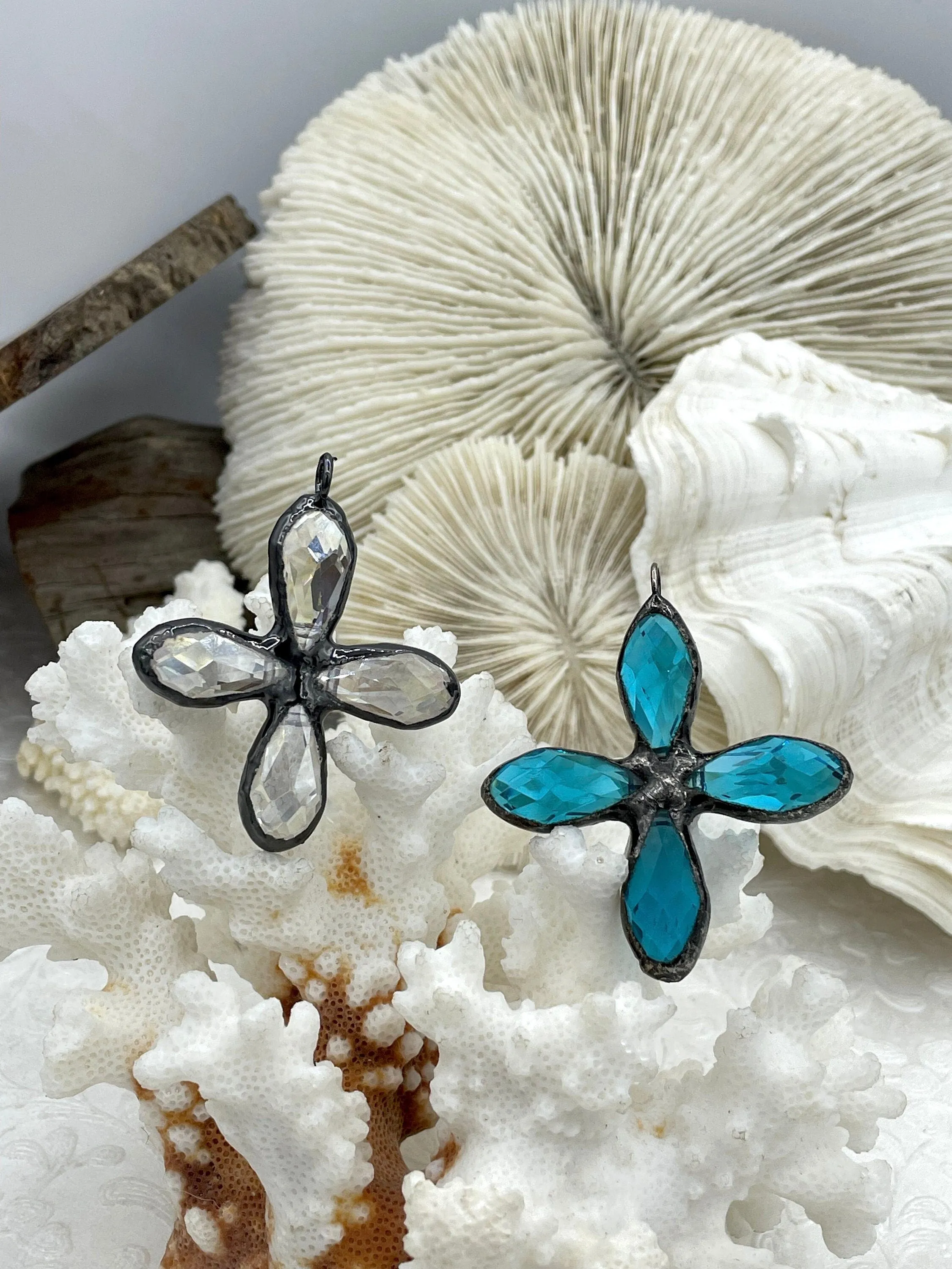 Gunmetal Soldered Cross Shaped Crystal Pendants and charms. 2 Styles, Teal Crystal or Clear Crystal, 45mm x 45mm, 4mm Bale ID, Fast Shipping