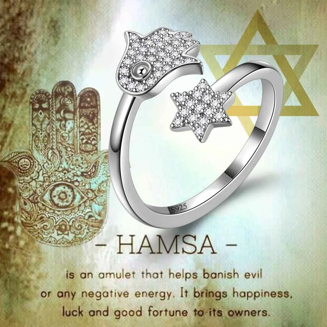 Hamsa Fatima Hand and Star of David Rings Women Jewelry Aurora Tears