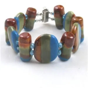 Handmade Kazuri Bead Cuff Bangle Bracelet Blue, Green & Brown