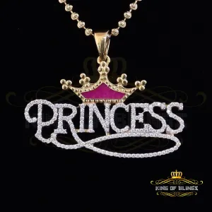 King Of Bling's 3ct Real Moissanite 925 Silver PRINCESS with Pink Enamel CROWN Yellow Pendant