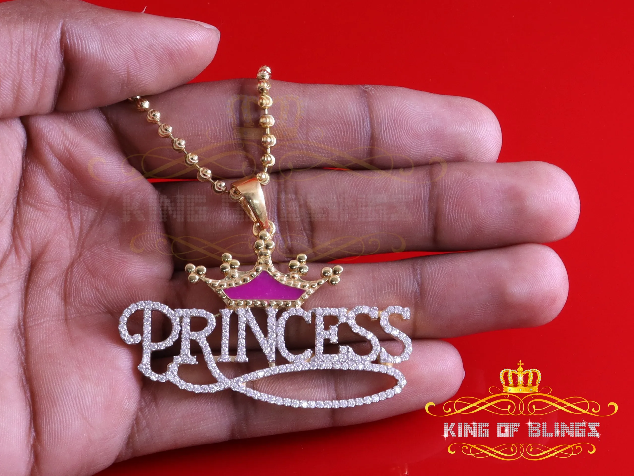 King Of Bling's 3ct Real Moissanite 925 Silver PRINCESS with Pink Enamel CROWN Yellow Pendant