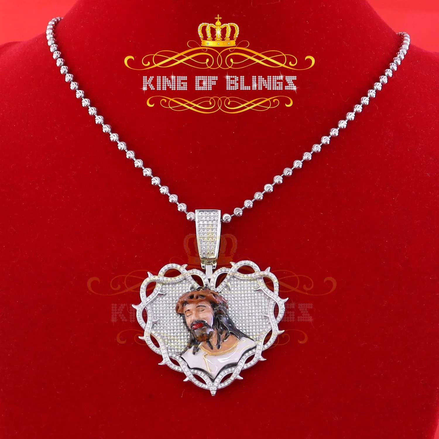 King Of Bling's 925 Sterling Silver Beautiful 2.00ct Moissanite White Heart Thorn Jesus Pendant