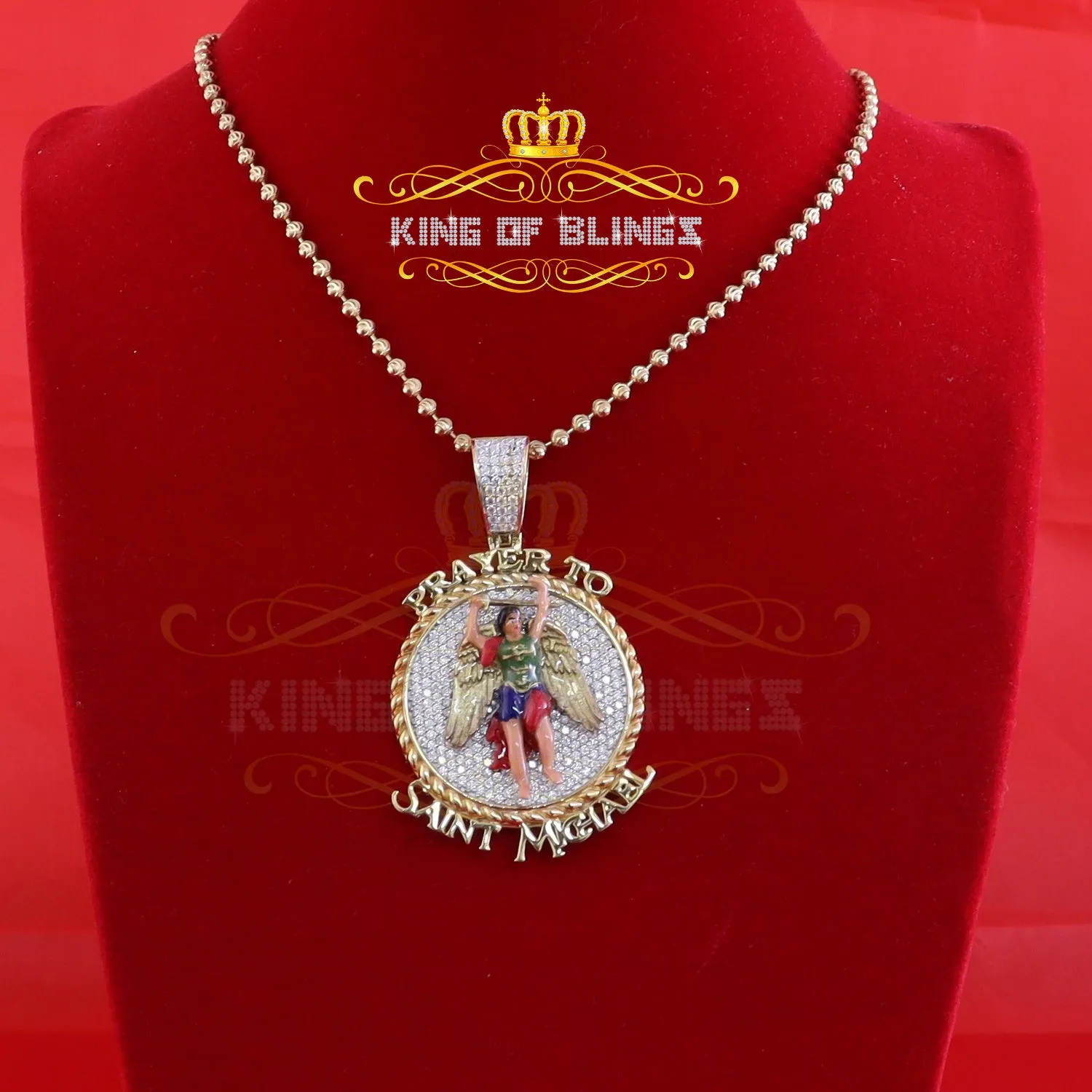 King Of Bling's Silver Yellow Protector SAINT MICHAEL Pendant with 5.00ct Genuine Moissanite