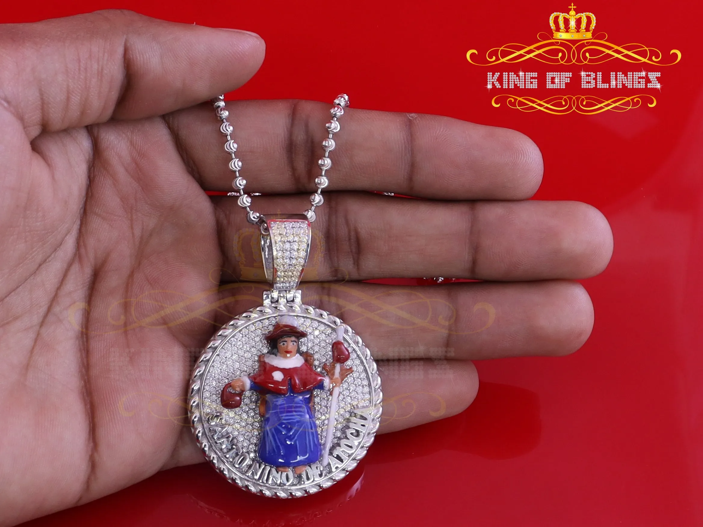 King Of Bling's Sterling Silver White SANTO NINO DEATOCHA Pendant with 3ct Genuine Moissanite