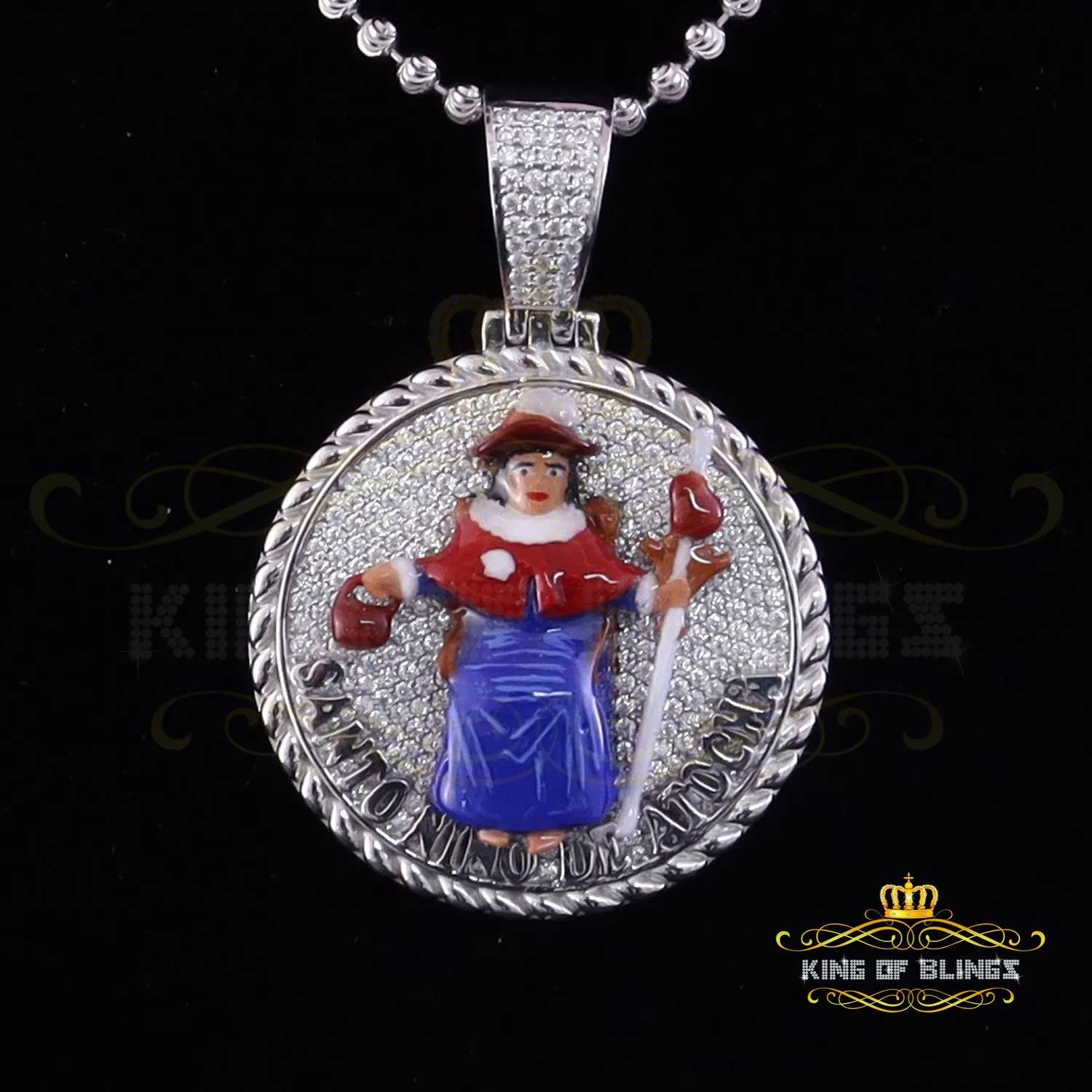 King Of Bling's Sterling Silver White SANTO NINO DEATOCHA Pendant with 3ct Genuine Moissanite