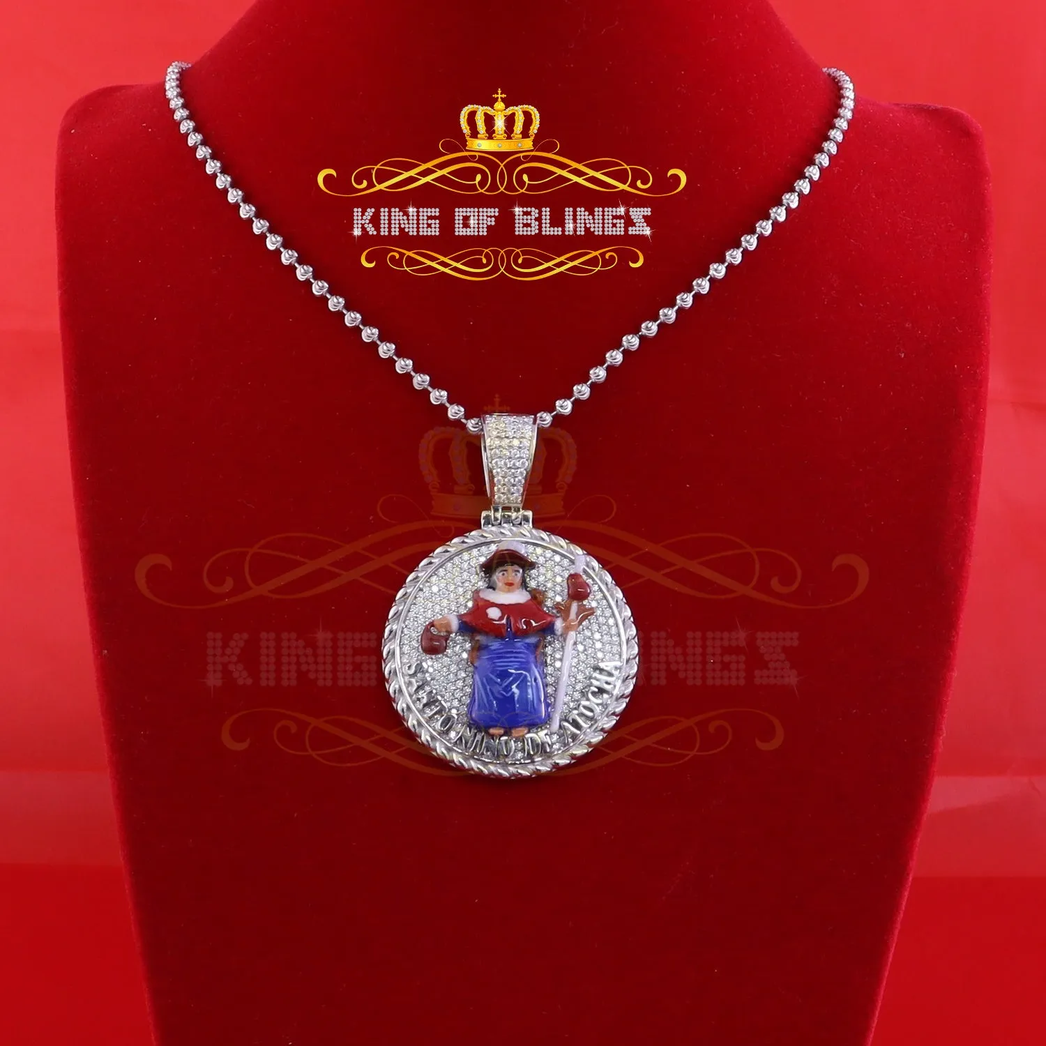 King Of Bling's Sterling Silver White SANTO NINO DEATOCHA Pendant with 3ct Genuine Moissanite