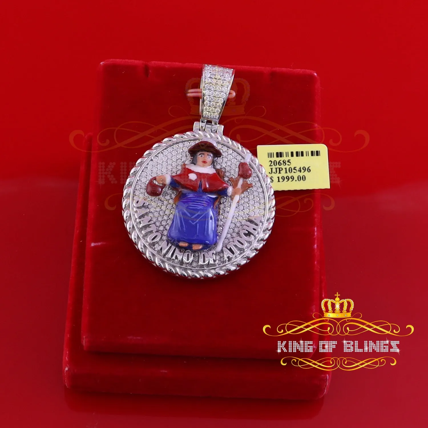 King Of Bling's Sterling Silver White SANTO NINO DEATOCHA Pendant with 3ct Genuine Moissanite