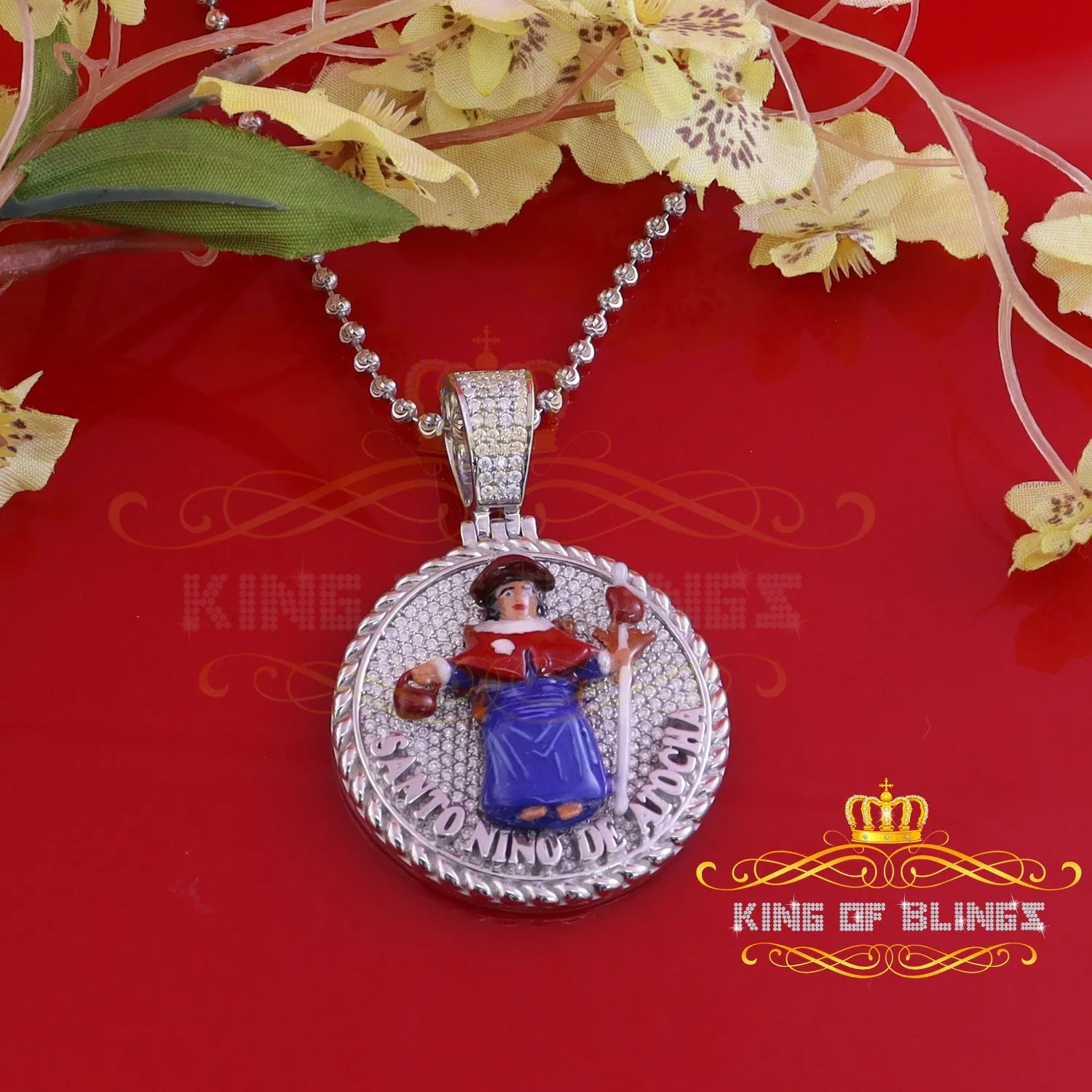 King Of Bling's Sterling Silver White SANTO NINO DEATOCHA Pendant with 3ct Genuine Moissanite