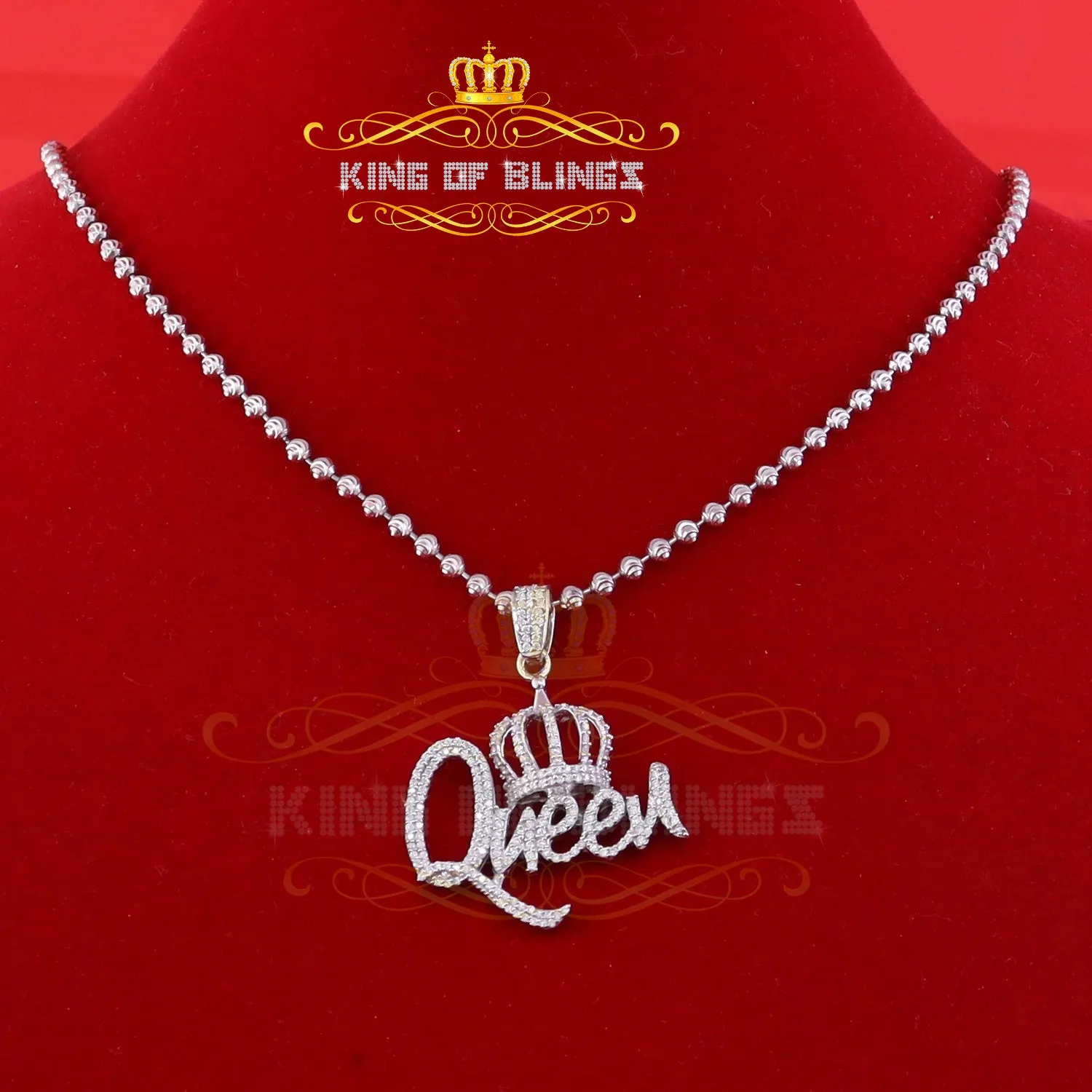 King Of Bling's Surprise 1.00ct Real Moissanite White 925 Silver Pendant for your Queen W/ crown