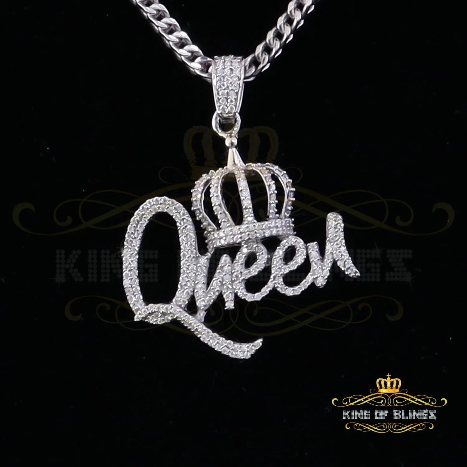 King Of Bling's Surprise 1.00ct Real Moissanite White 925 Silver Pendant for your Queen W/ crown