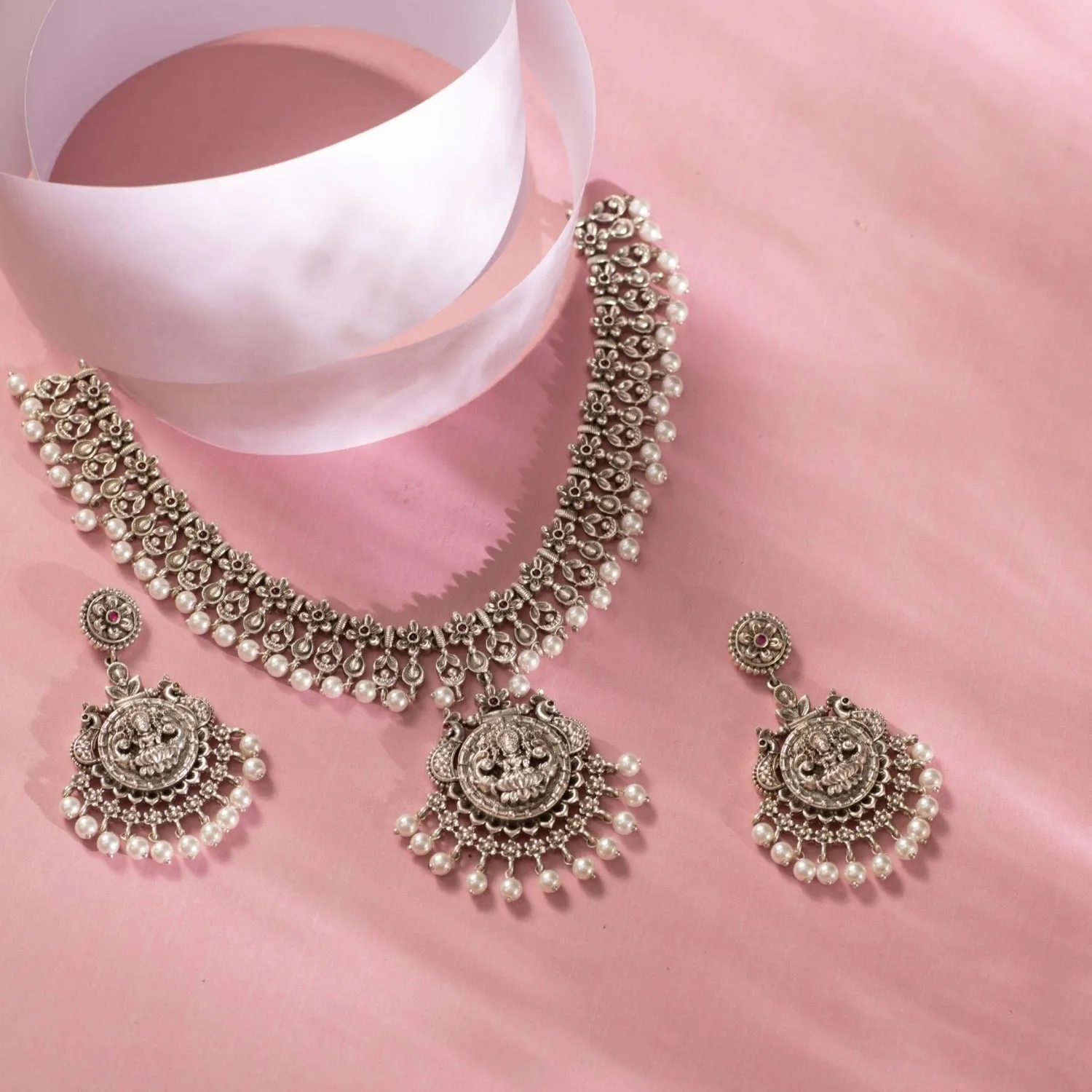 Maati Temple Floral Antique Oxidized Necklace Set