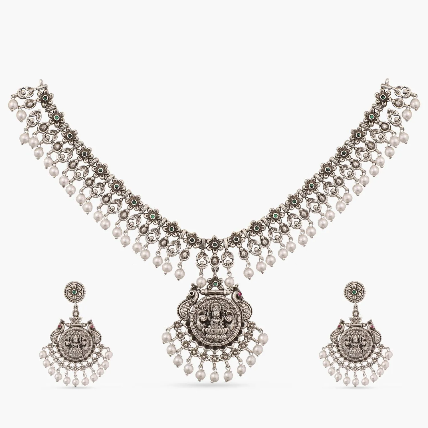 Maati Temple Floral Antique Oxidized Necklace Set