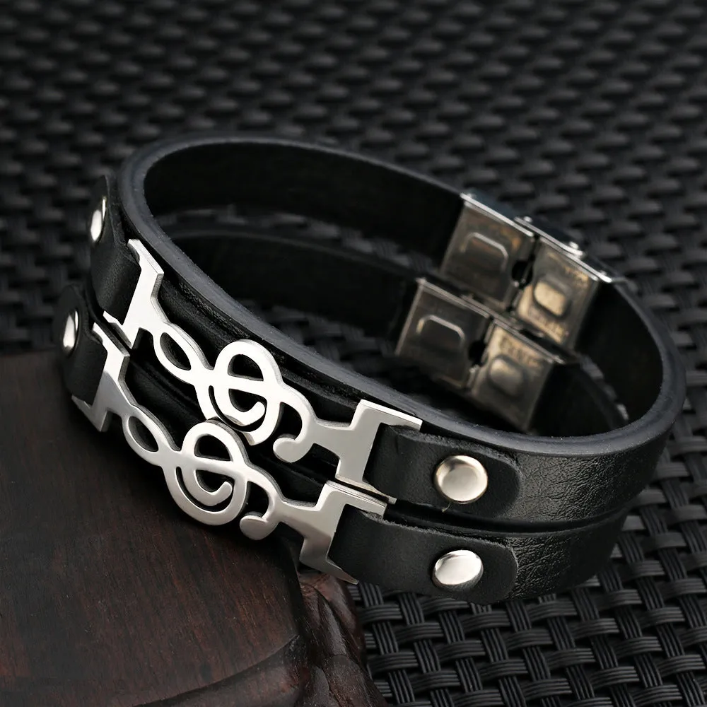 Men's Leather Stainless Steel Musical Note Bracelet