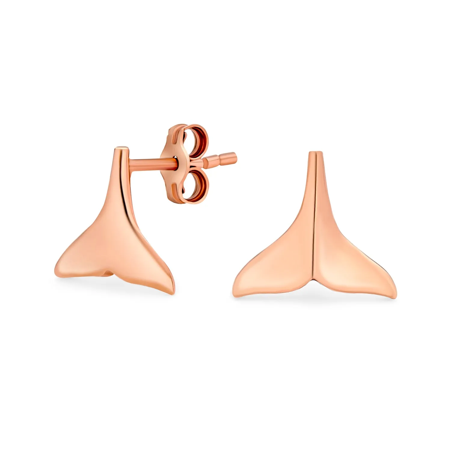 Minimalist Nautical Mermaid Fin Whale Tail Stud Earrings in Rose Gold Vermeil