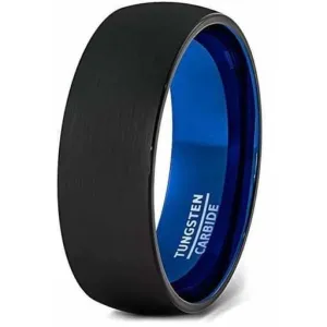 MONACO Mens Domed Black Tungsten Wedding Ring Brushed Center Blue Inside 6mm & 8mm