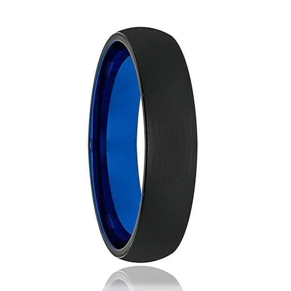 MONACO Mens Domed Black Tungsten Wedding Ring Brushed Center Blue Inside 6mm & 8mm