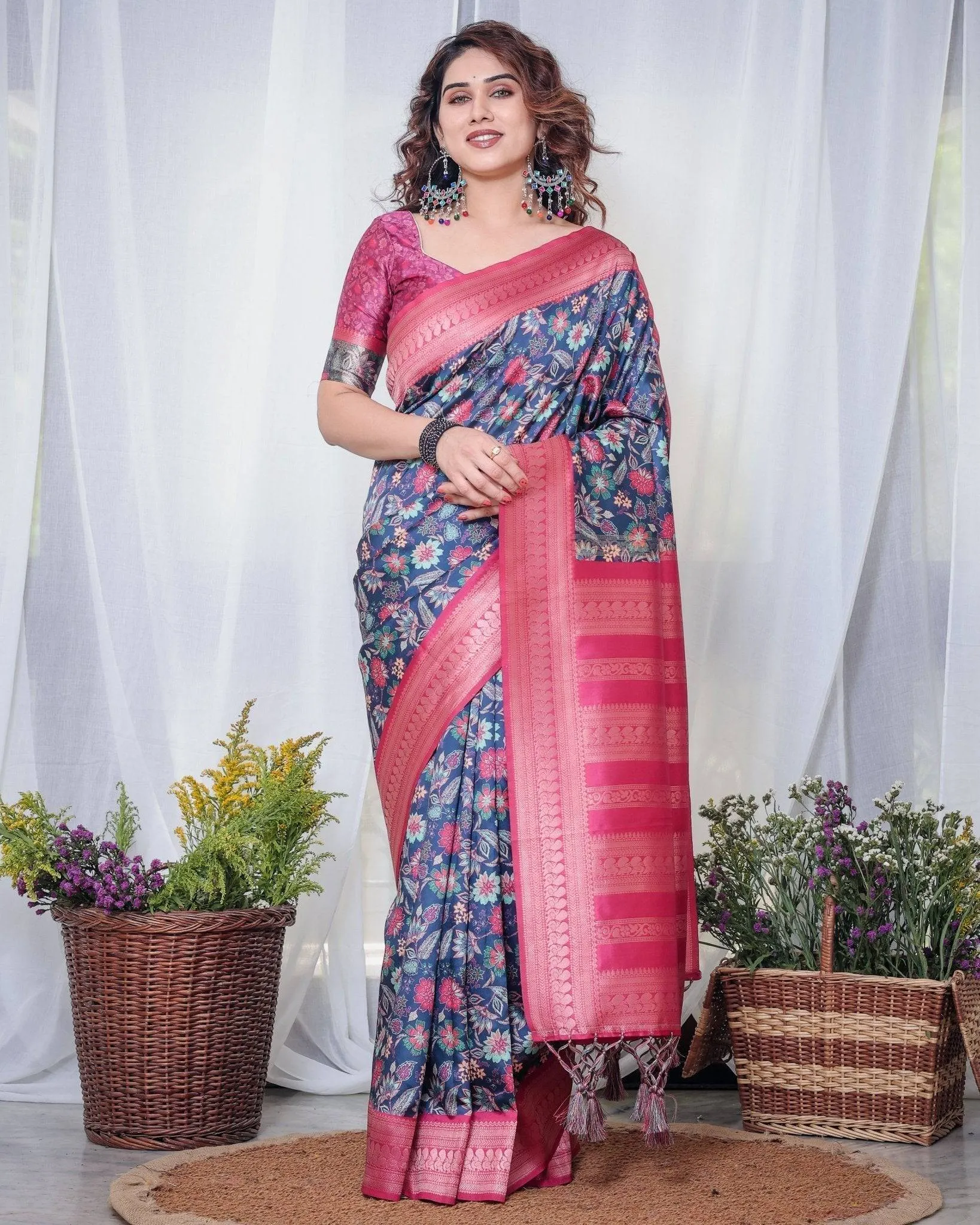 Navy Blue Banarasi Silk Saree with Floral Digital Print, Pink Zari Border & Tassel Pallu