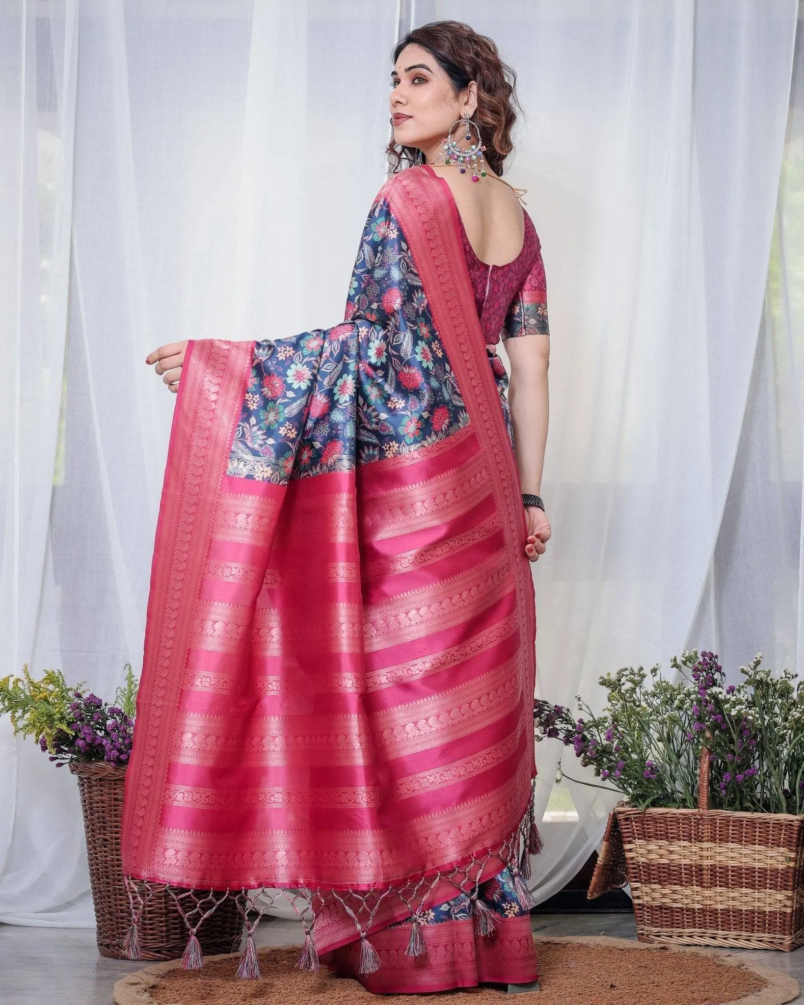 Navy Blue Banarasi Silk Saree with Floral Digital Print, Pink Zari Border & Tassel Pallu