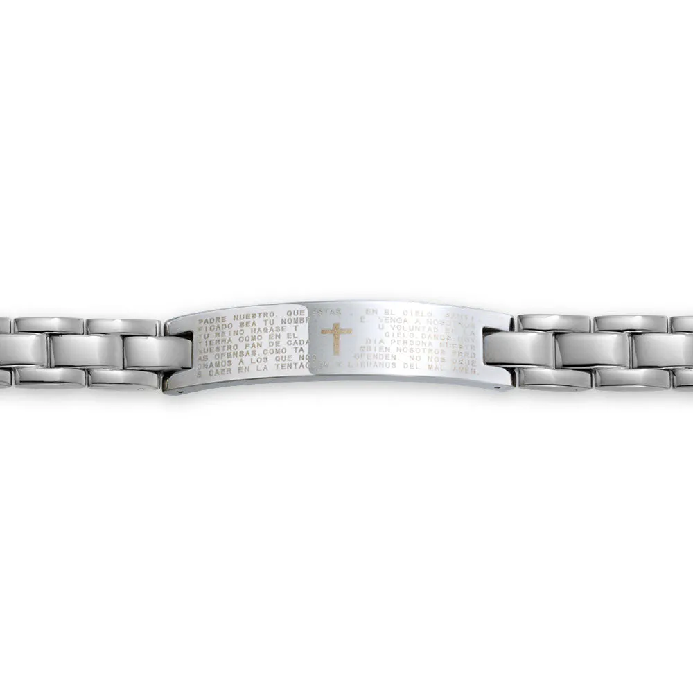 Our Lords Prayer Cross Link Wrist ID Bracelet for Men in Silver Tone Stainless Steel