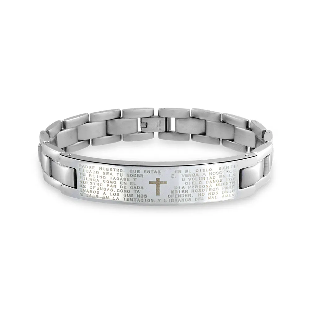 Our Lords Prayer Cross Link Wrist ID Bracelet for Men in Silver Tone Stainless Steel