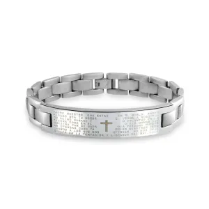 Our Lords Prayer Cross Link Wrist ID Bracelet for Men in Silver Tone Stainless Steel