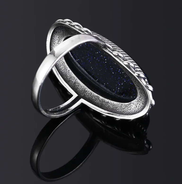 Oval Shaped Blue Sand Hollow Elegant Ring